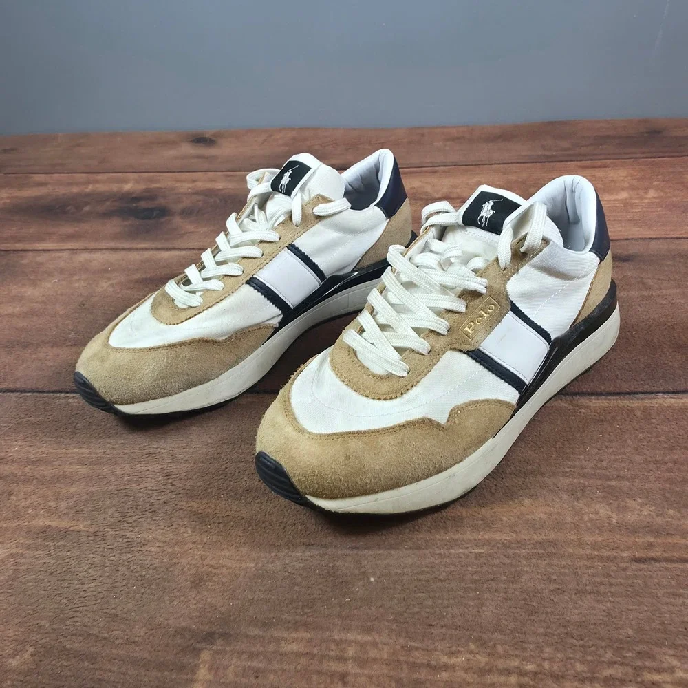 Polo Ralph Lauren Train 85 Sneaker Mens 11 Cream Tan Good Suede Nylon Runner